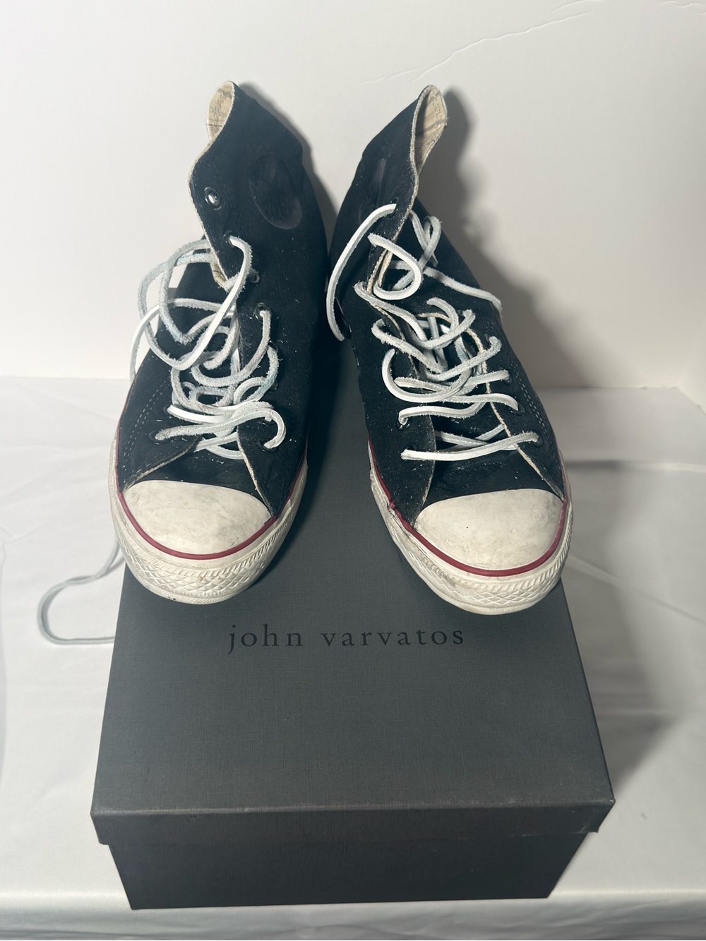 John Varvatos Black Canvas High-Top Sneakers with White Laces and Red Stripe